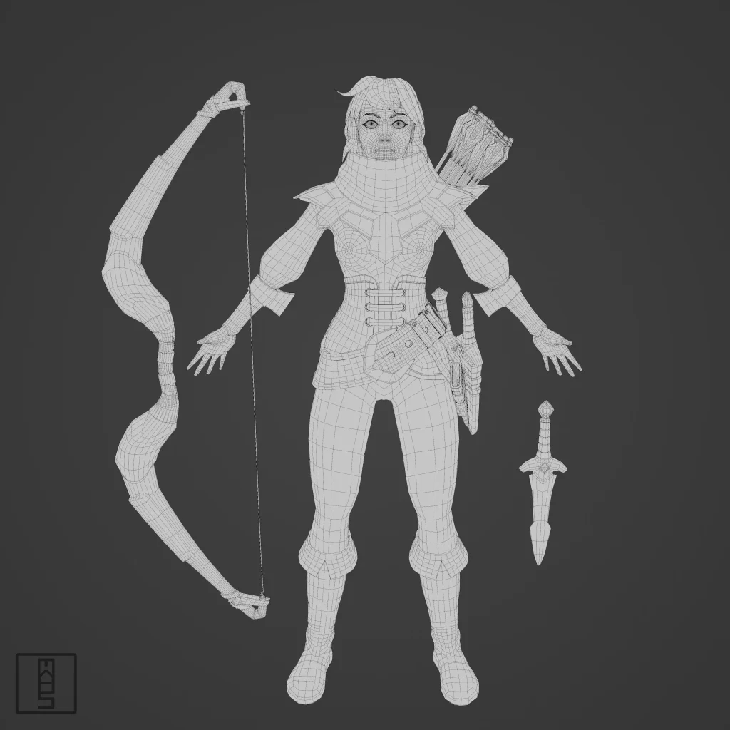 3D Archer Character Model A Pose Wireframe