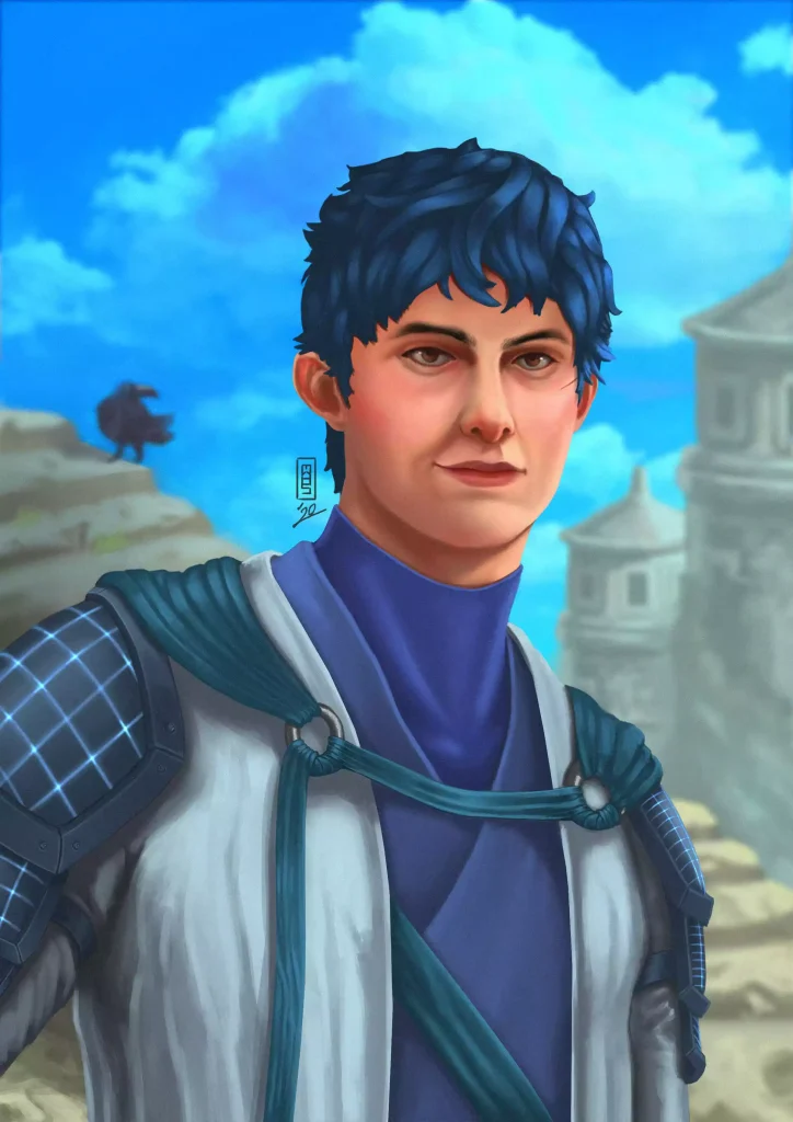 A half body of a male Aasimar Warlock