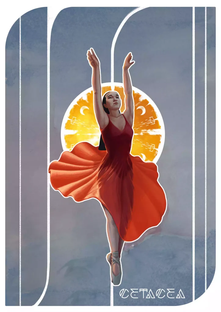 A ballerina with red dress in a dancing position.