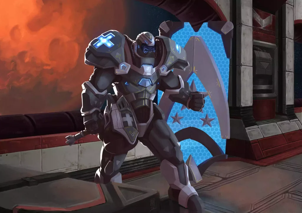 A heavy armored sci-fi soldier with shield and hammer in a spaceship.