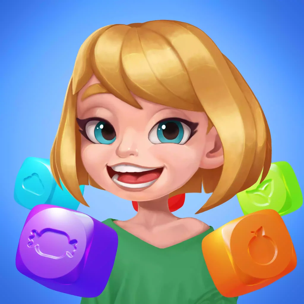 A half body illustration of blonde stylized character smiling with green clothes and cubes with icons around her.
