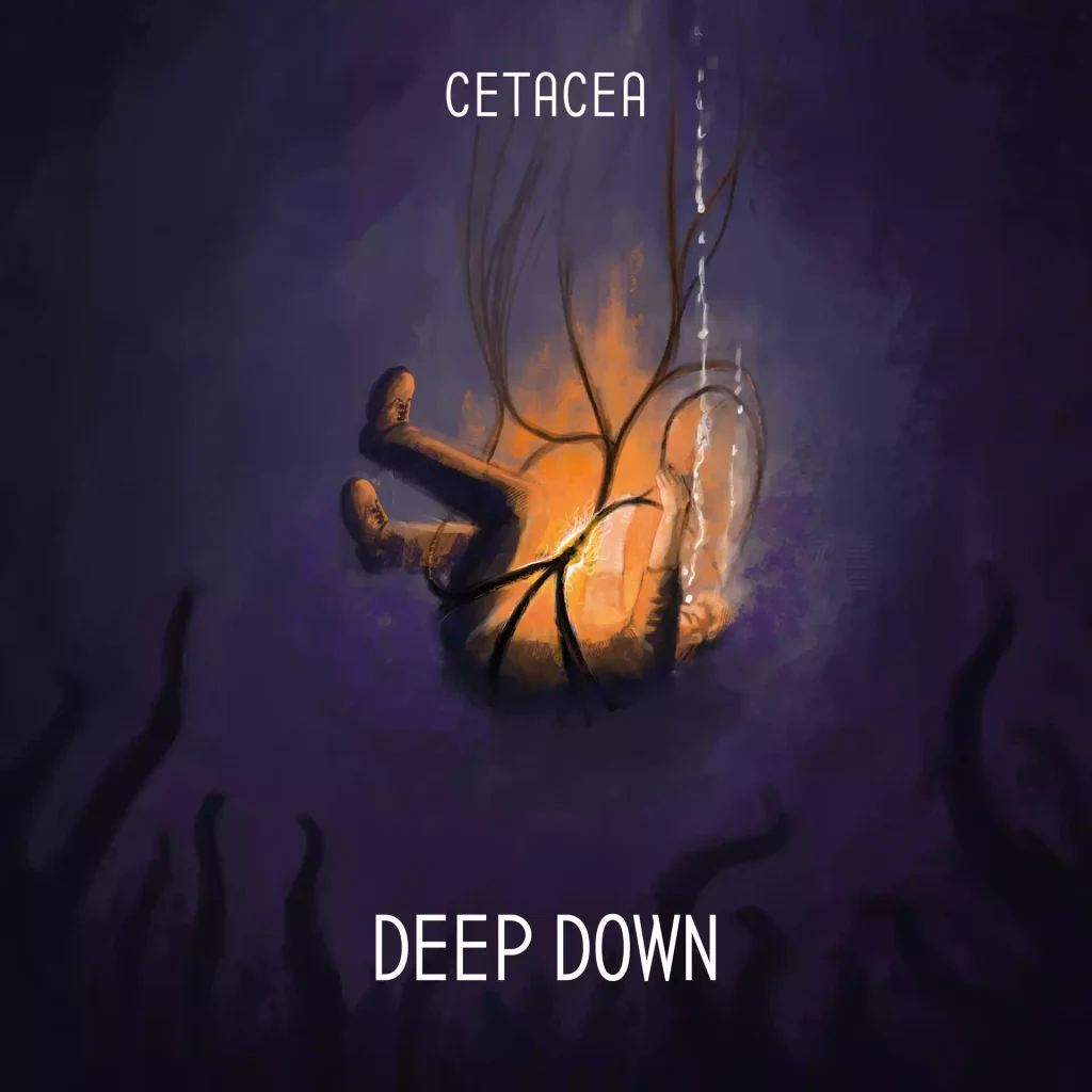 A man falling down in the ocean, dark tentacles float meanwhile a orange light shines around his chest.