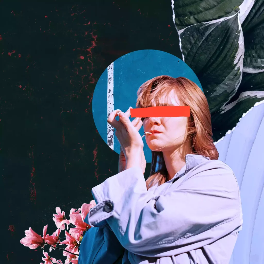 A collage art of lady holding a cigarette in her mouth while fixing her hair.