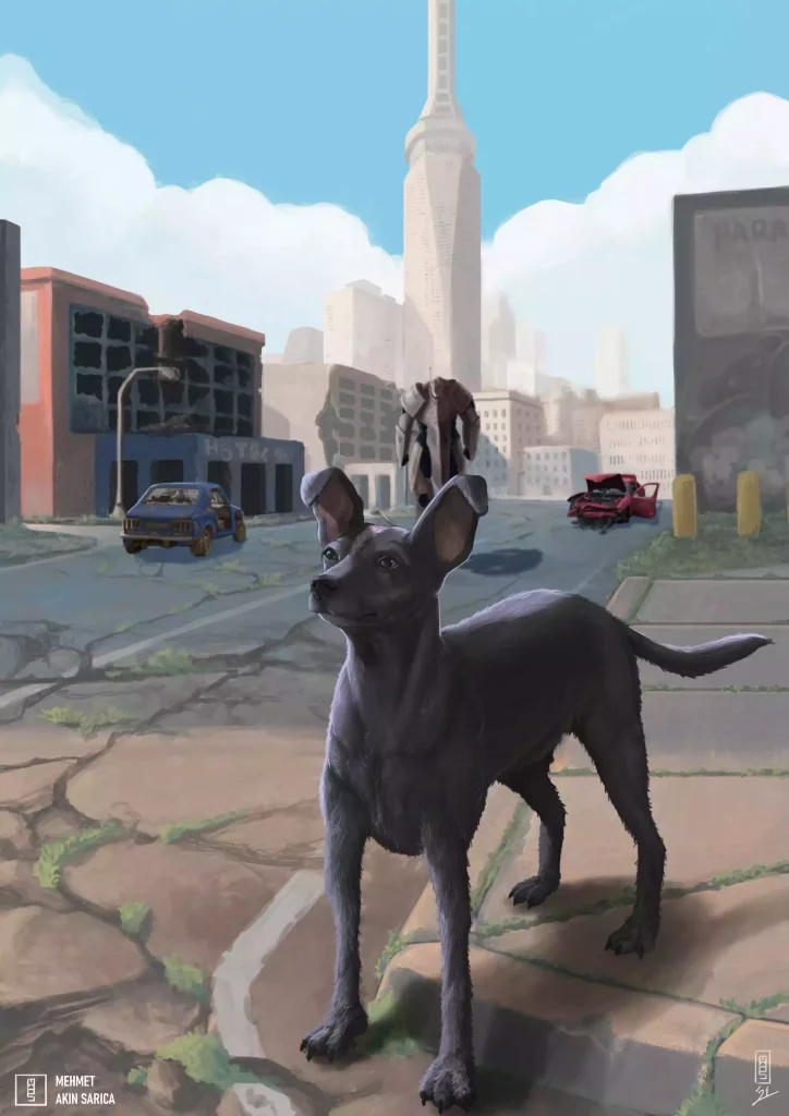 A dog looking at something out of frame followed by its friendly robot in a apocalyptical city street.