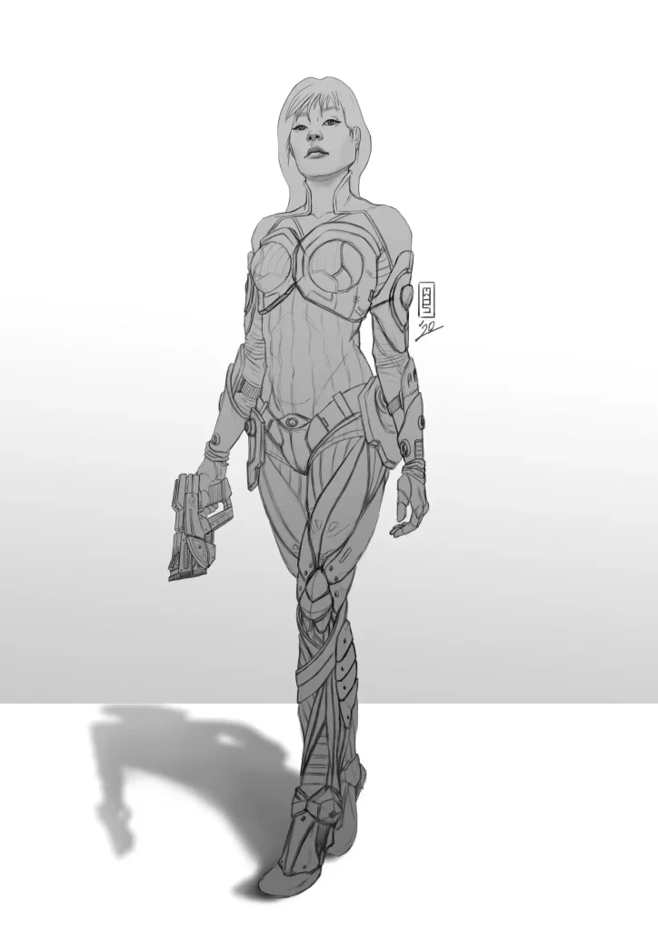 A female cyborg with a pistol in her hand.