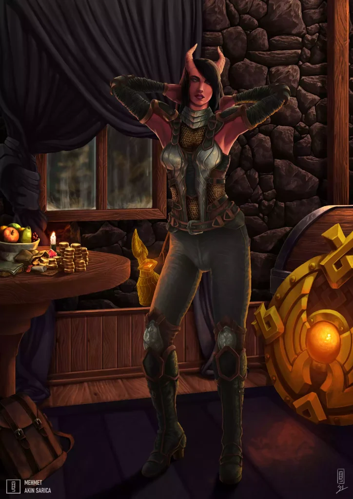 Tiefling Cleric changing their clothes in a tavern room.