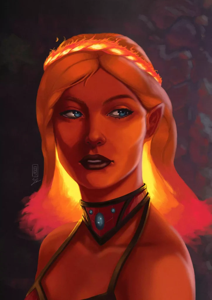 The portrait of a Fire Genasi Sorceress.
