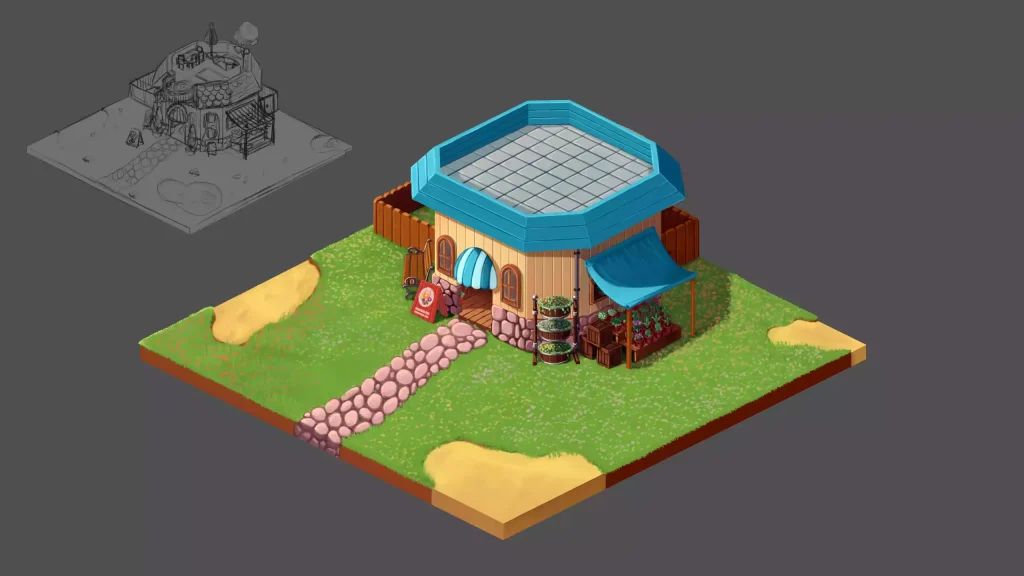 A cubic flower shop design for a mobile game.