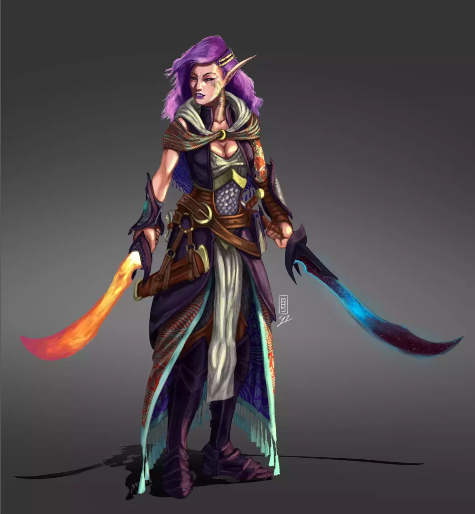 A female high elf fighter holding two magical swords.