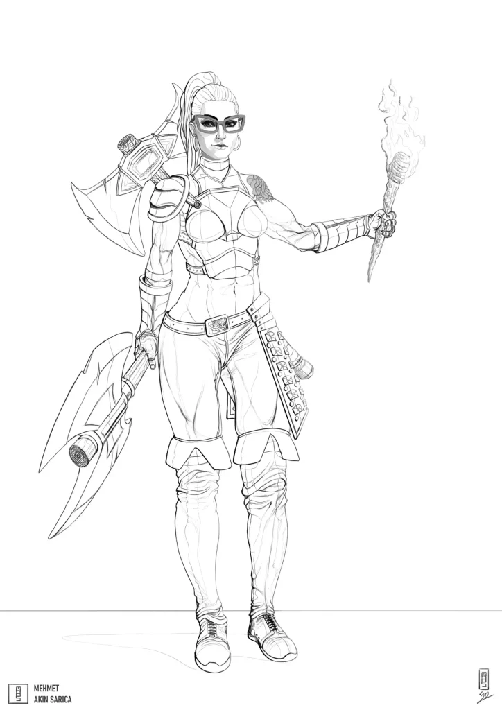 A female barbarian holding an axe on one hand and torch another.