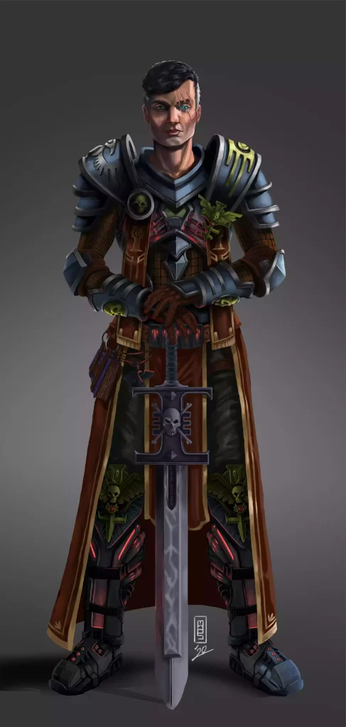 A male heavy armored figure holding a sword.