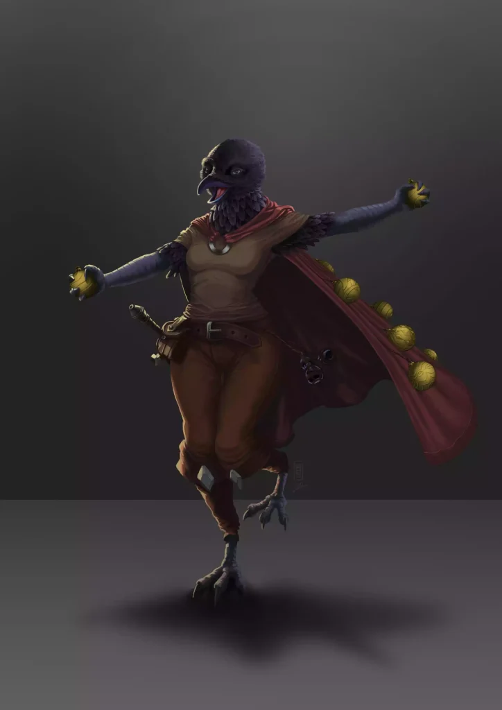 Female Kenku adventurer holding two golden balls.