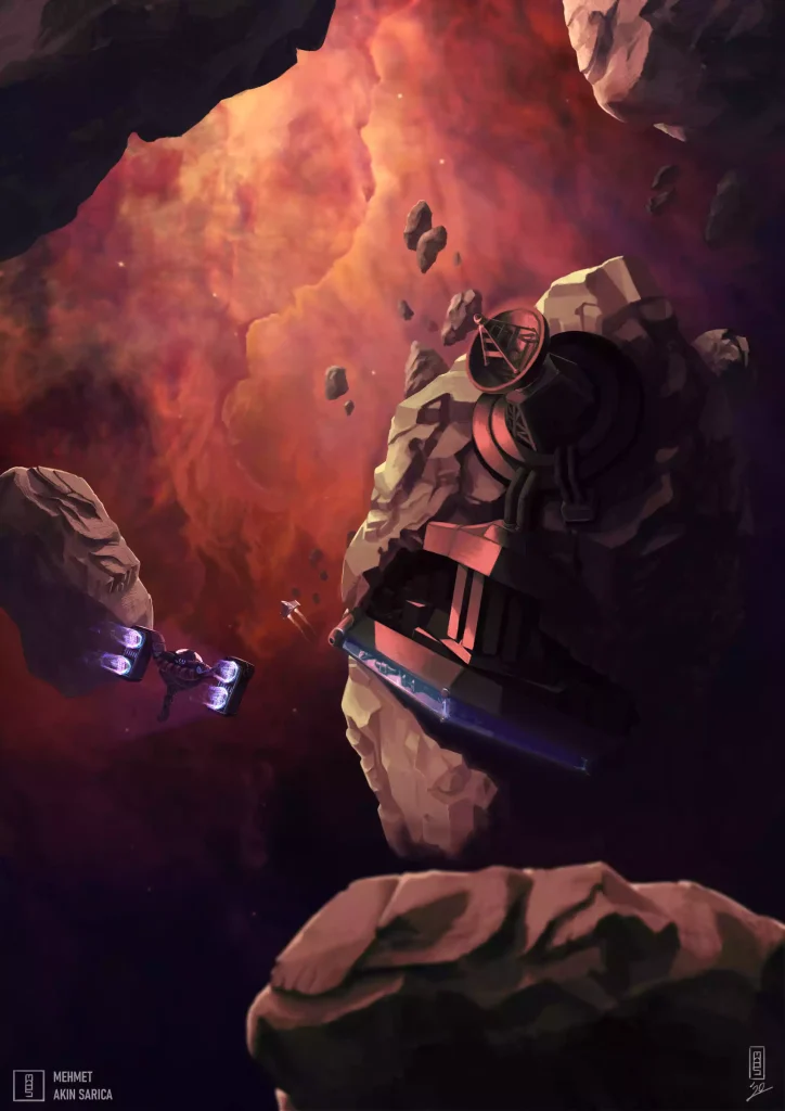 A spaceship moving towards a station located on the hidden side of an asteroid.