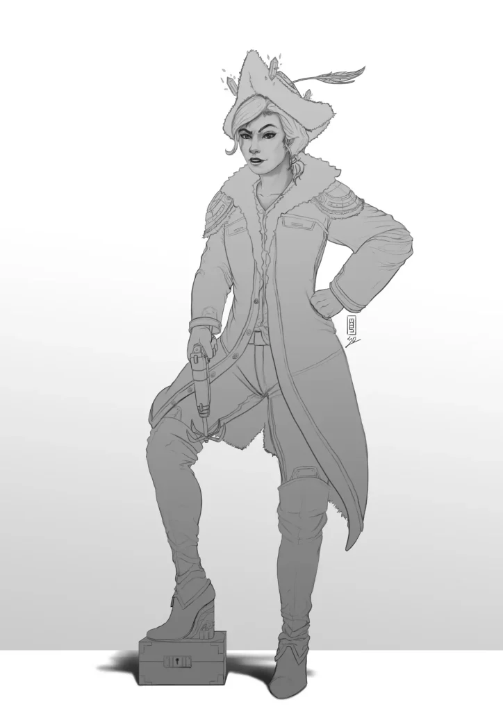 A female pirate captain holding a grapple pistol.