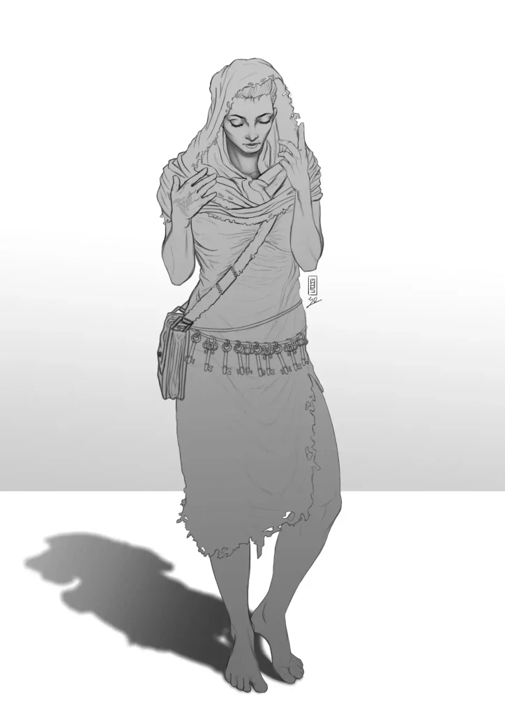 A lady holding her hood with damaged old clothes with a belt with multiple keys.