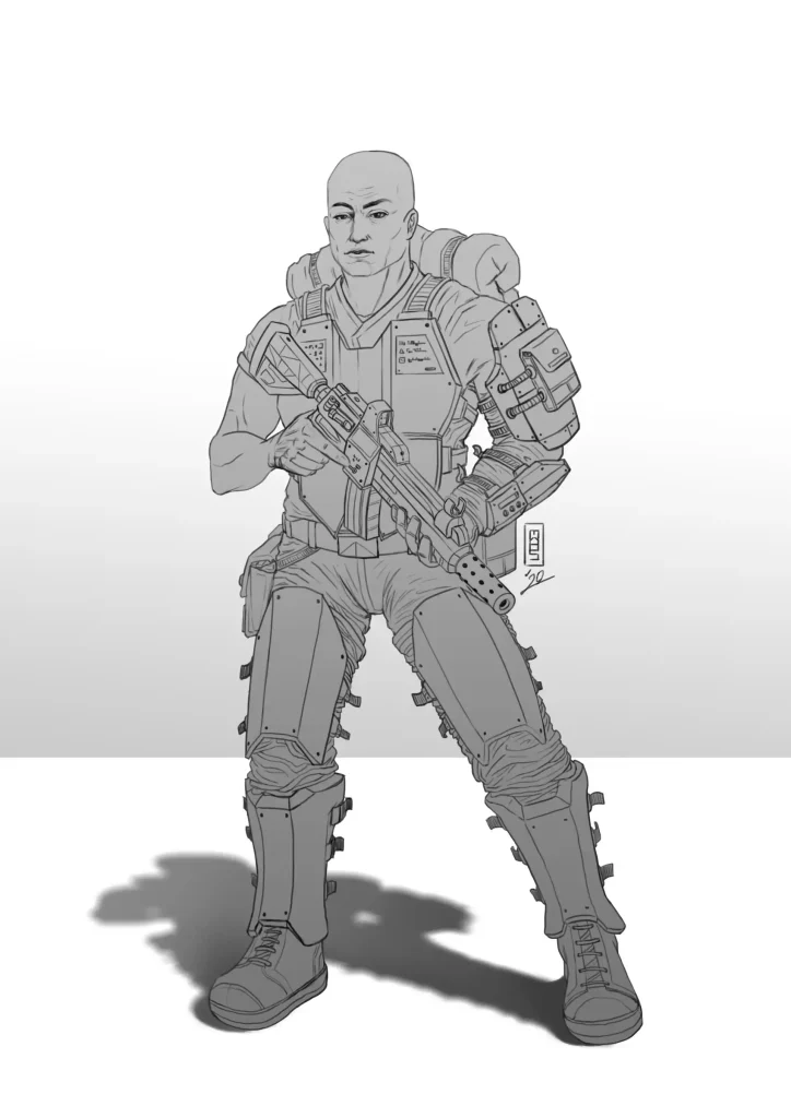 Male armored soldier holding a rifle.