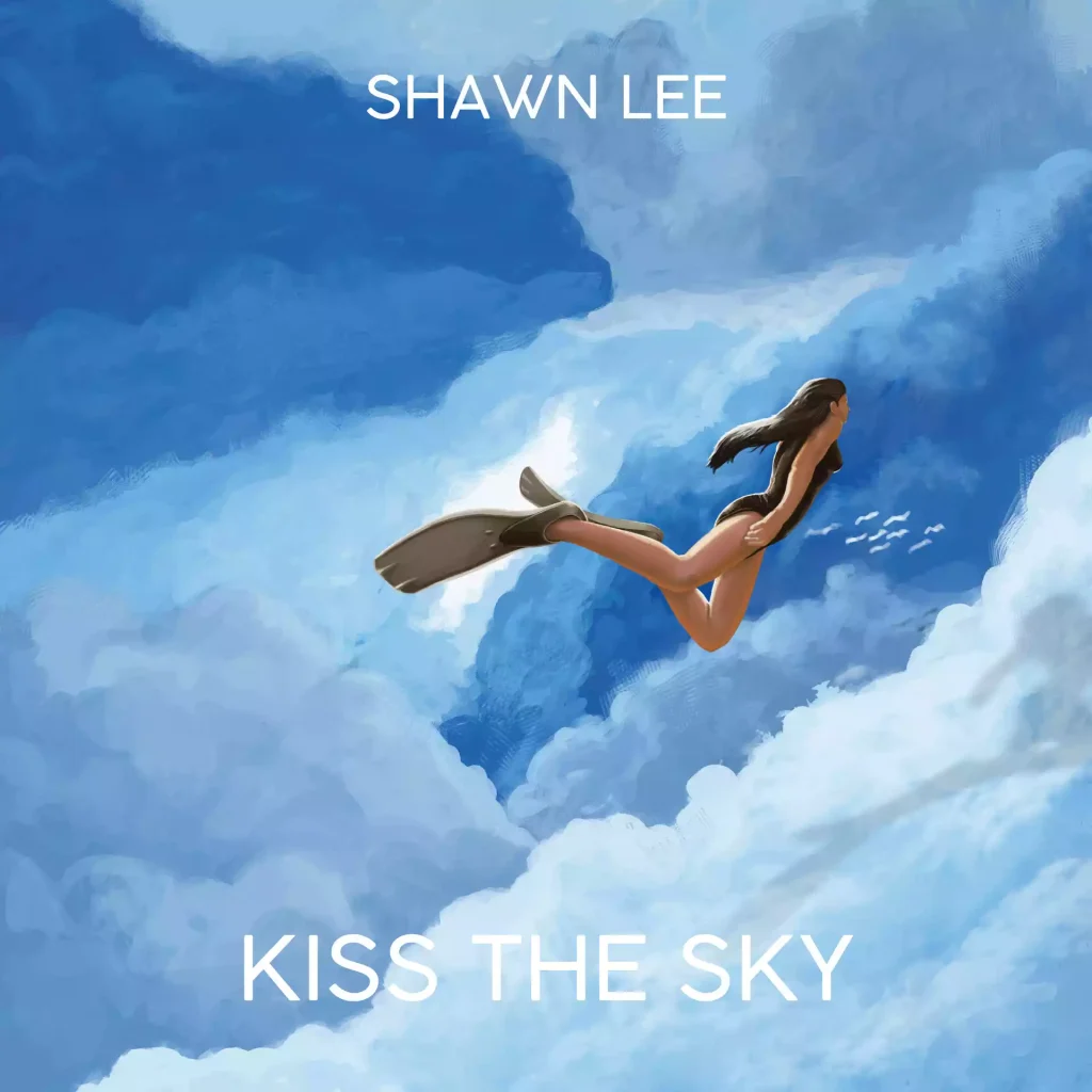 Lady swimming on top of the clouds.