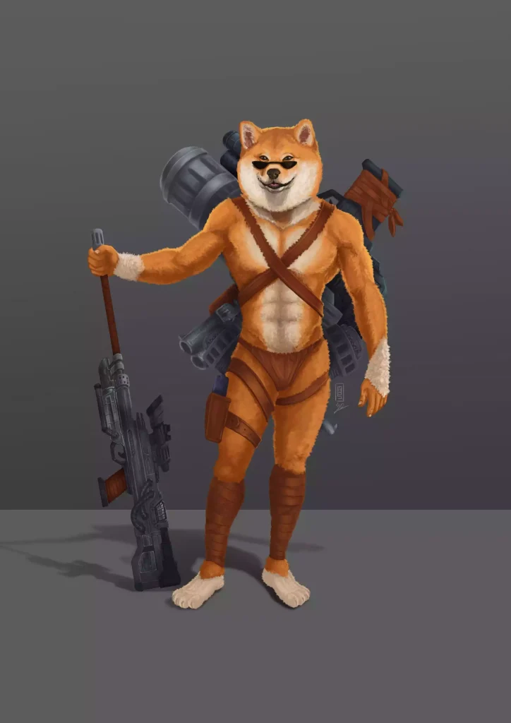 A humanoid Shiba Inu holding a sniper rifle.