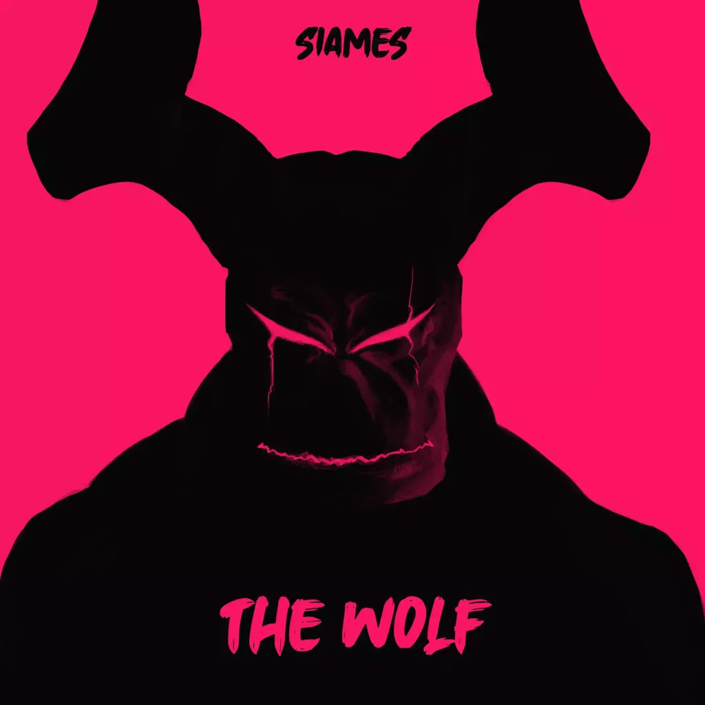 A black demon like figure is smiling in front of a purple background.